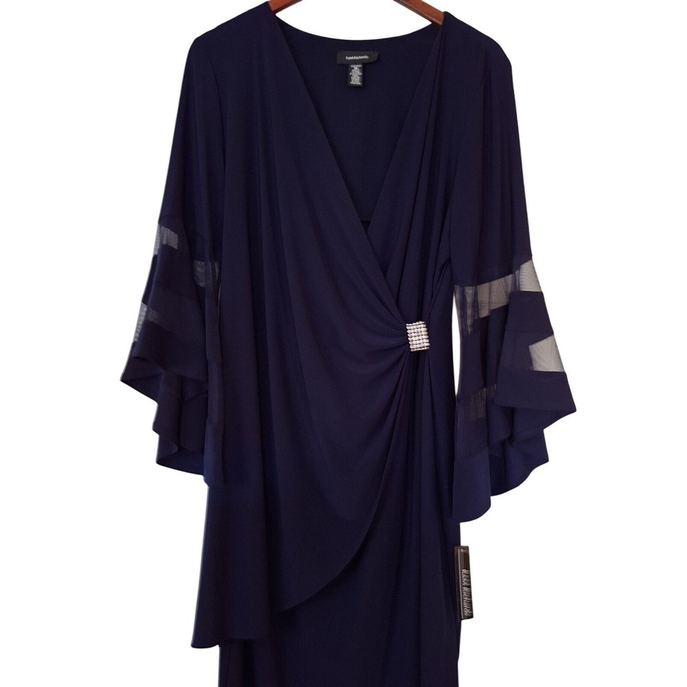 R&M Richards Dress Size 16 Navy Blue NWT Rhinestone Bell Sleeve Women's XL NEW